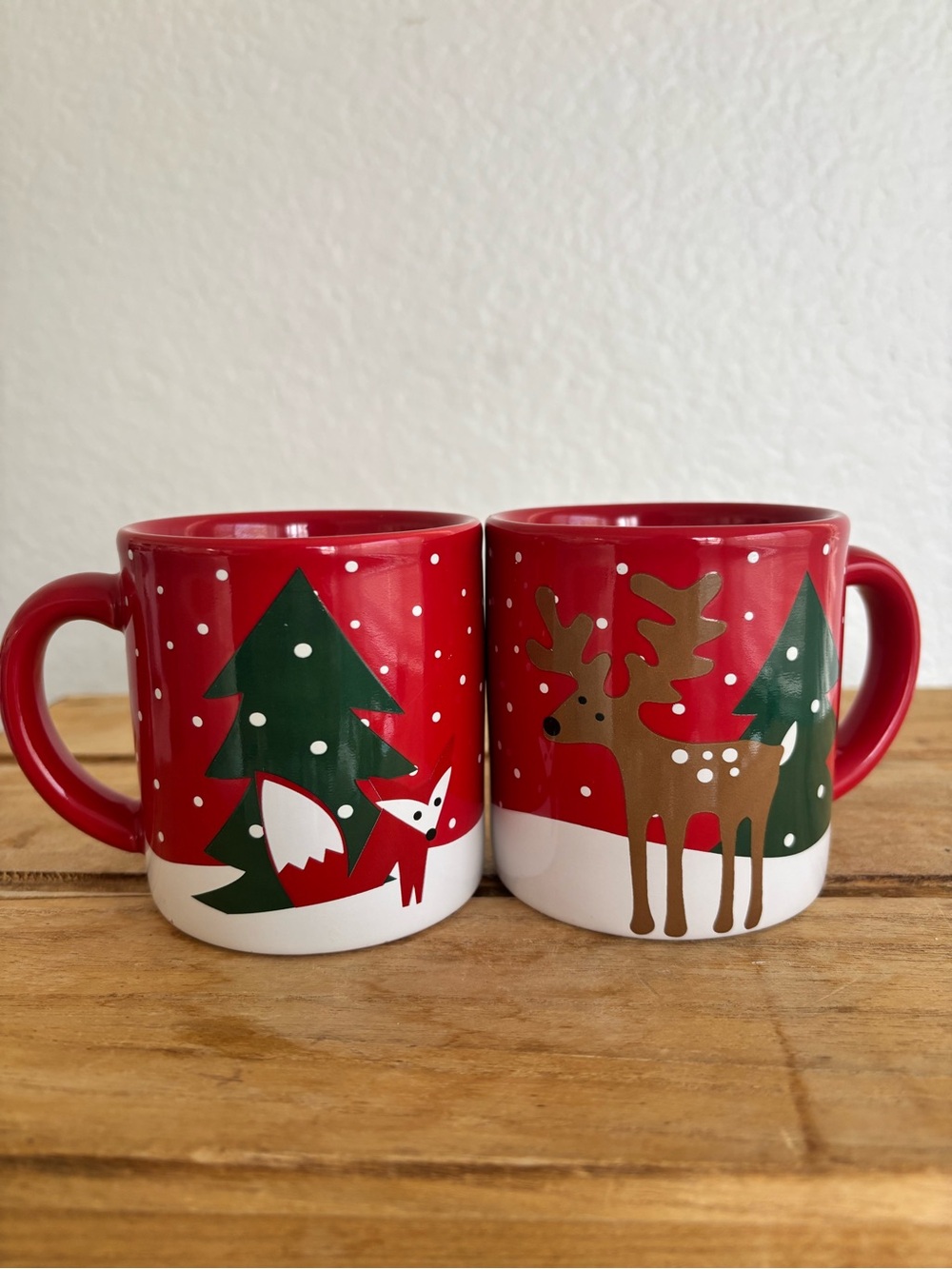 Crate & Barrel Christmas Mini Mugs Set of 2 Red Holiday Woodland Fox Deer Cups